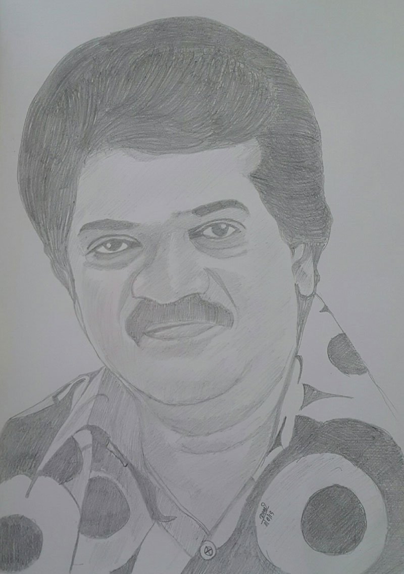 Pencil portrait of a man with dark hair and a mustache, wearing a polka-dotted scarf or patterned shirt.